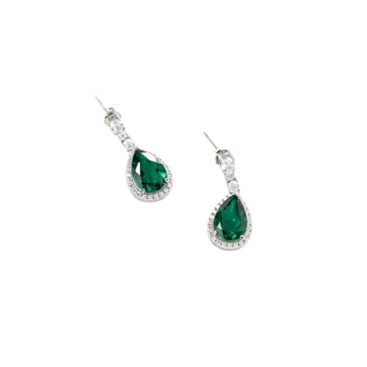 S925 Silver Teardrop Lab Emerald Diamond Halo Earrings, Evening Wedding Elegant - Photo 5