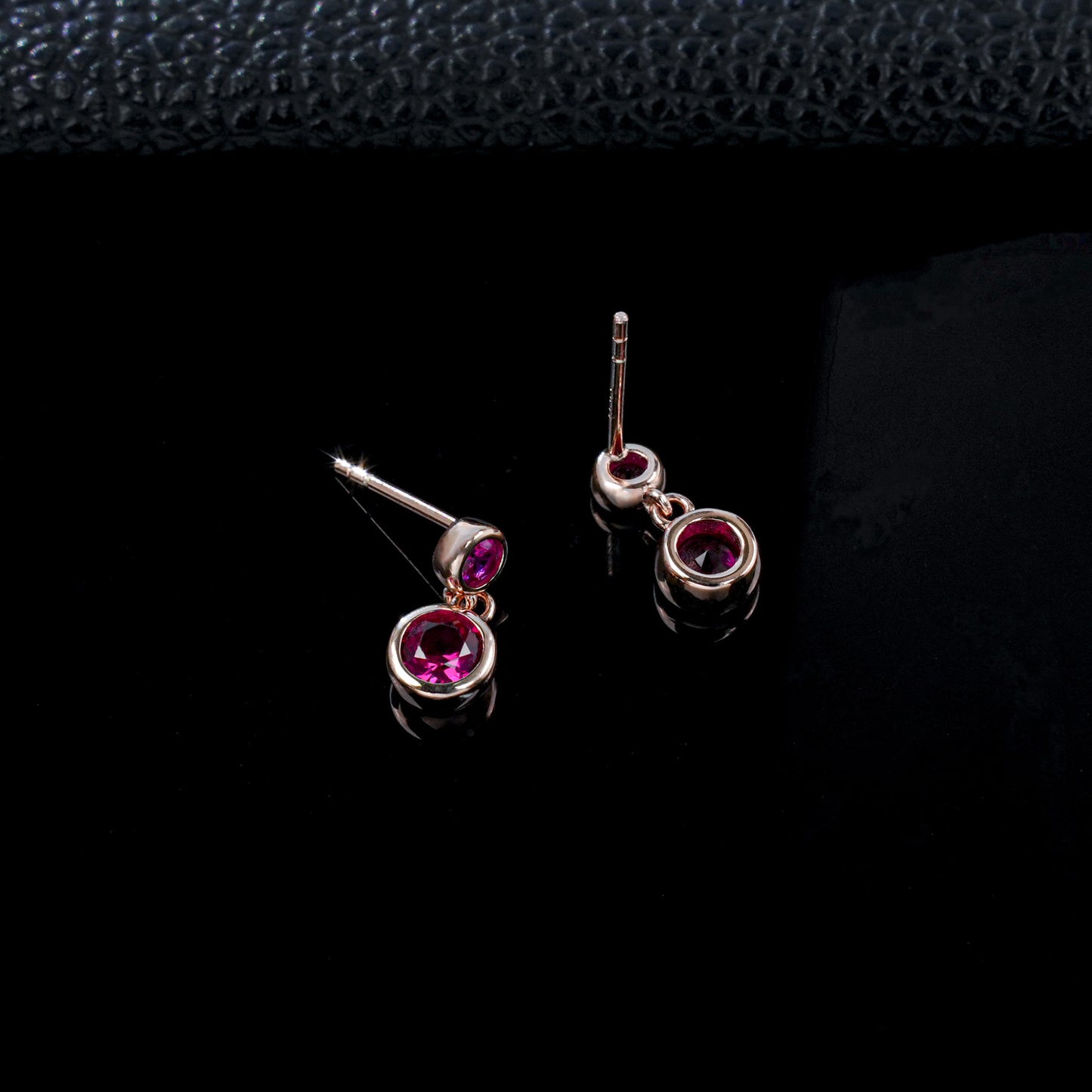 S925 Silver Double-Layer Round Ruby Stud Earrings, Rose Gold Full - Photo 4