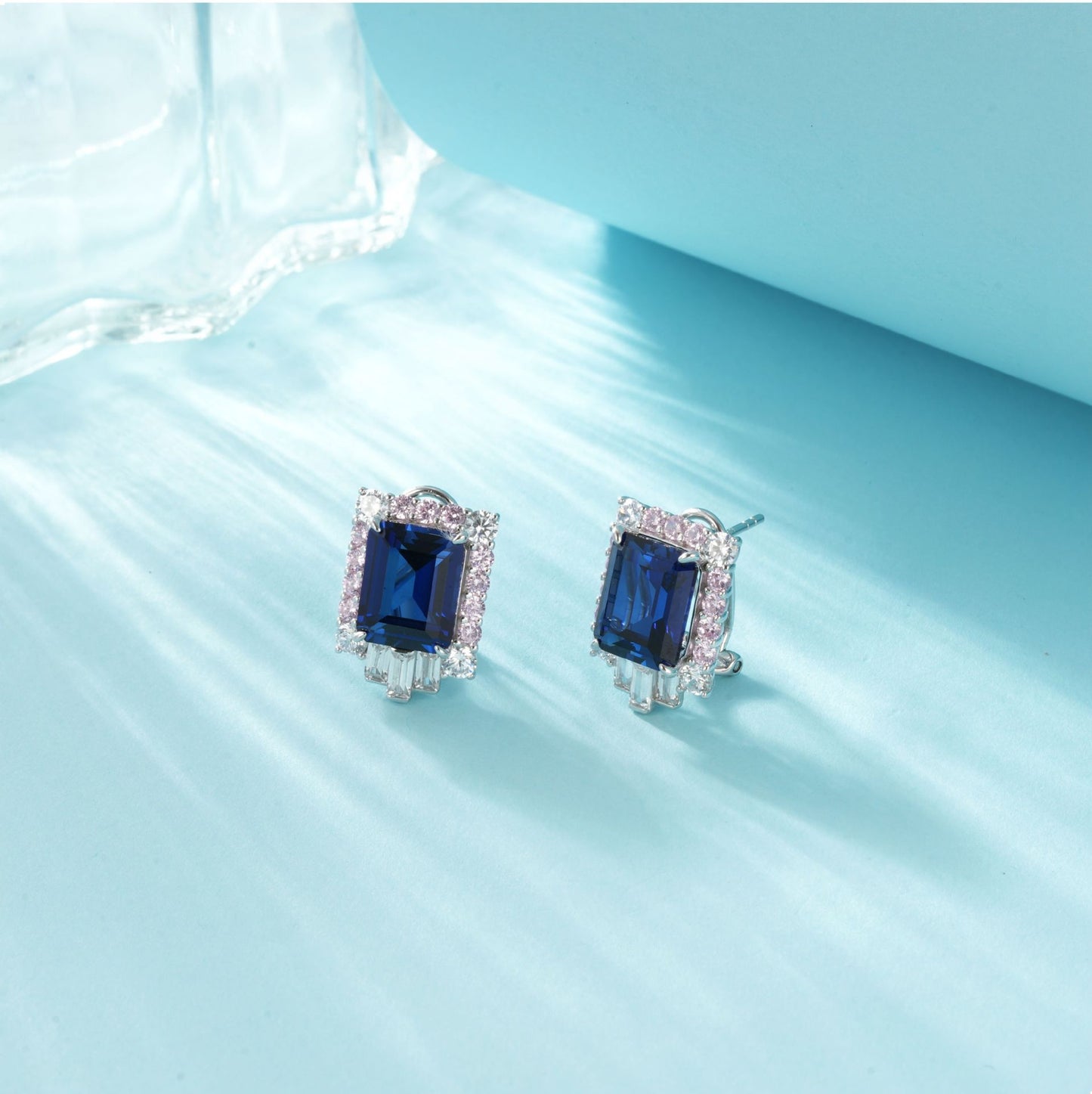 S925 Sterling Silver Lab Sapphire Earrings, Simple Women's Rectangle - Photo 5