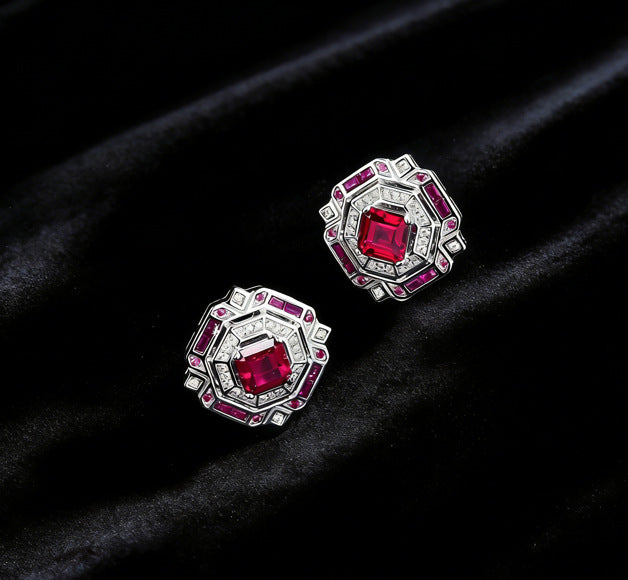 S925 Sterling Silver Lab Pigeon Blood Ruby Octagon Heavy-Craft Earrings, Premium for Women - Photo 6