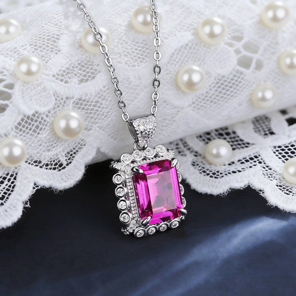 S925 Sterling Silver Lab Ruby Emerald-Cut Pendant Choker Necklace, Premium - Photo 4