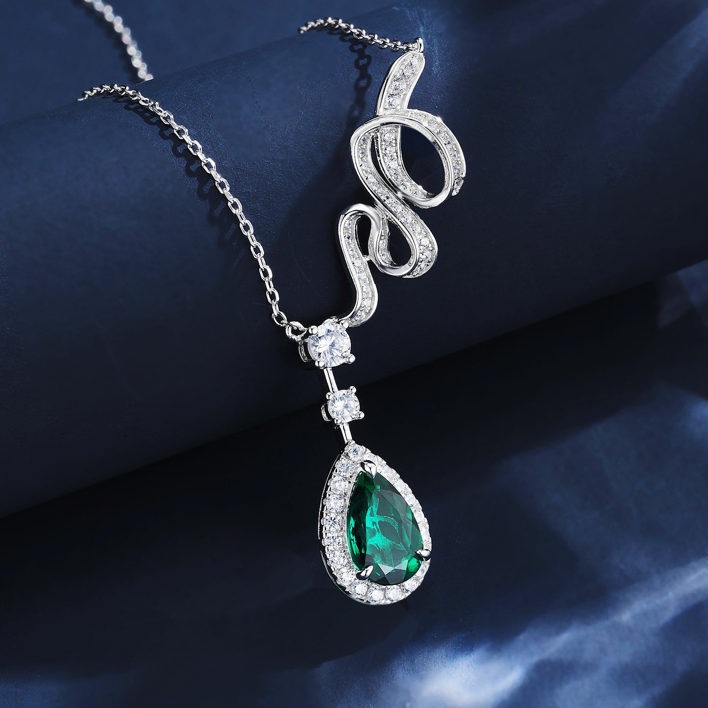 S925 Silver Snake Full Diamond Chain Teardrop Lab Emerald Halo Necklace, Premium Evening Jewellery - Photo 4
