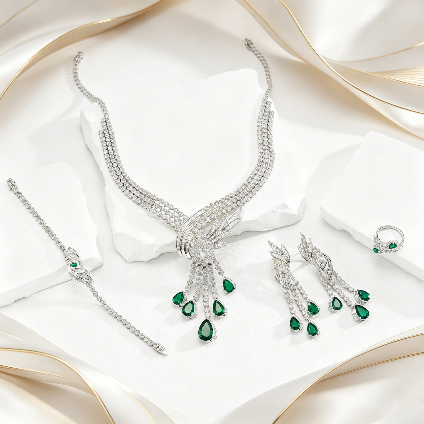 Lab Emerald Set S925, Luxurious Necklace Bracelet - Photo 4