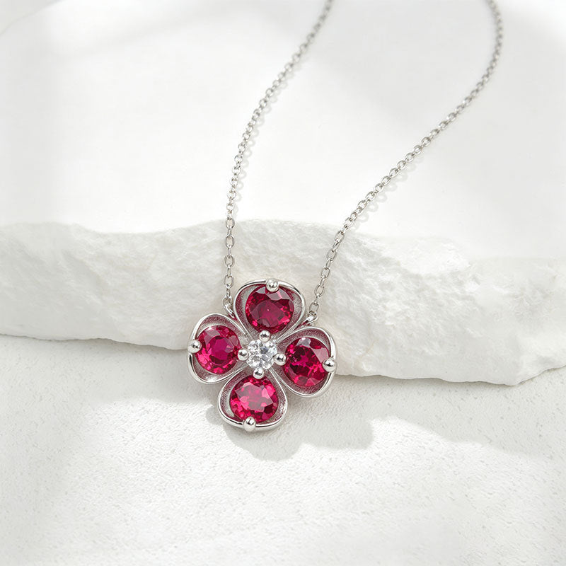 S925 Silver Four-Leaf Clover Flower Lab Ruby Pendant Necklace, Versatile Birthday Valentines - Photo 4
