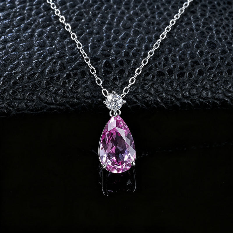 S925 Silver Pear Teardrop Lab Pink Diamond Necklace, Small Diamond Simple - Photo 4