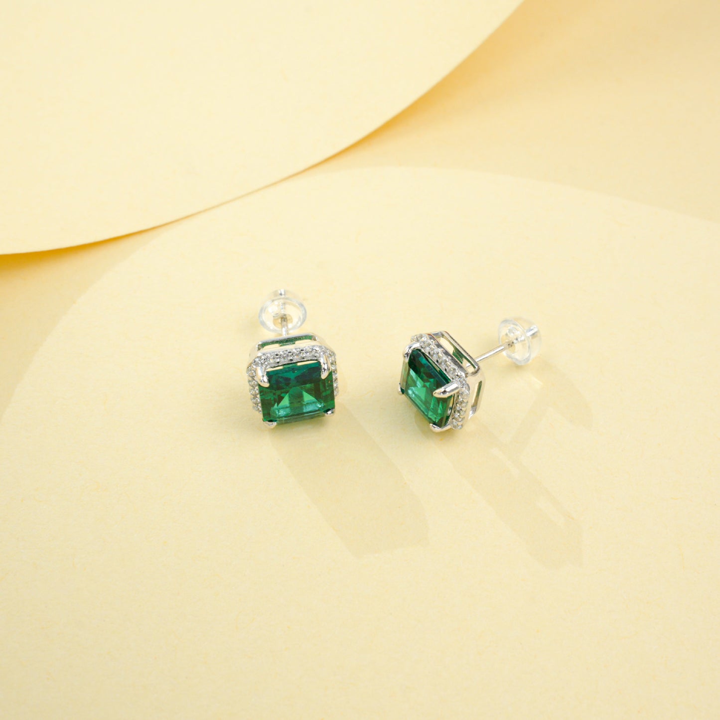 S925 Silver Square Cushion Lab Emerald Diana Halo Stud Earrings, Birthday Gift - Photo 4
