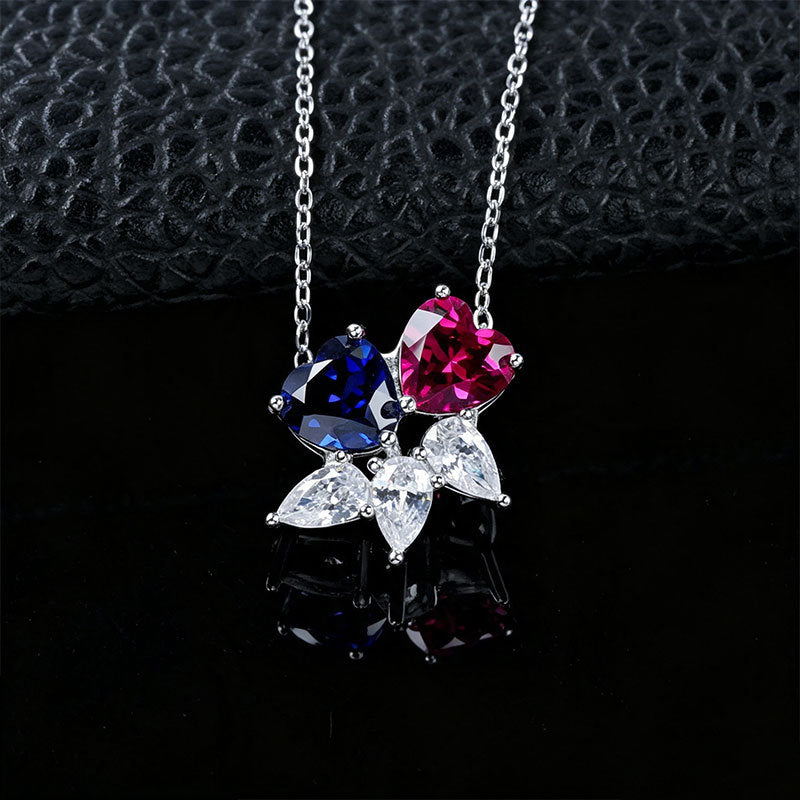 925 Silver Double Heart Lab Sapphire Ruby Contrast Necklace, Date Gift - Photo 4