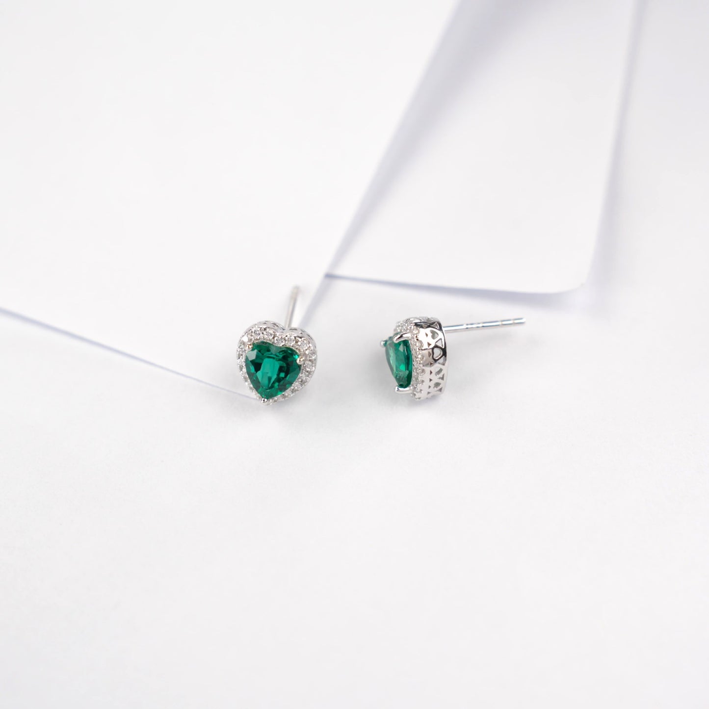 S925 Sterling Silver Lab Emerald Stud Earrings, Heart Diamond Vintage - Photo 5