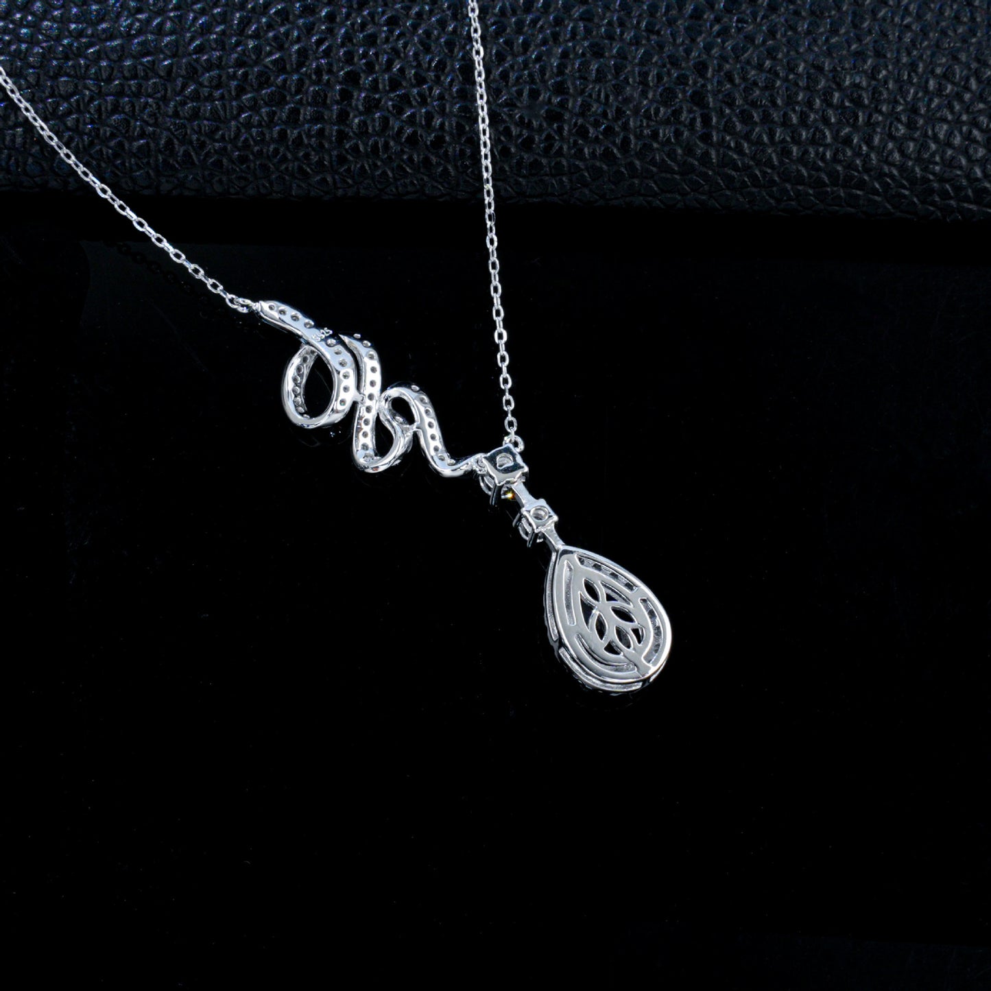 S925 Silver Snake Full Diamond Twisted Chain Teardrop Lab Sapphire Halo Necklace, Premium Evening - Photo 4