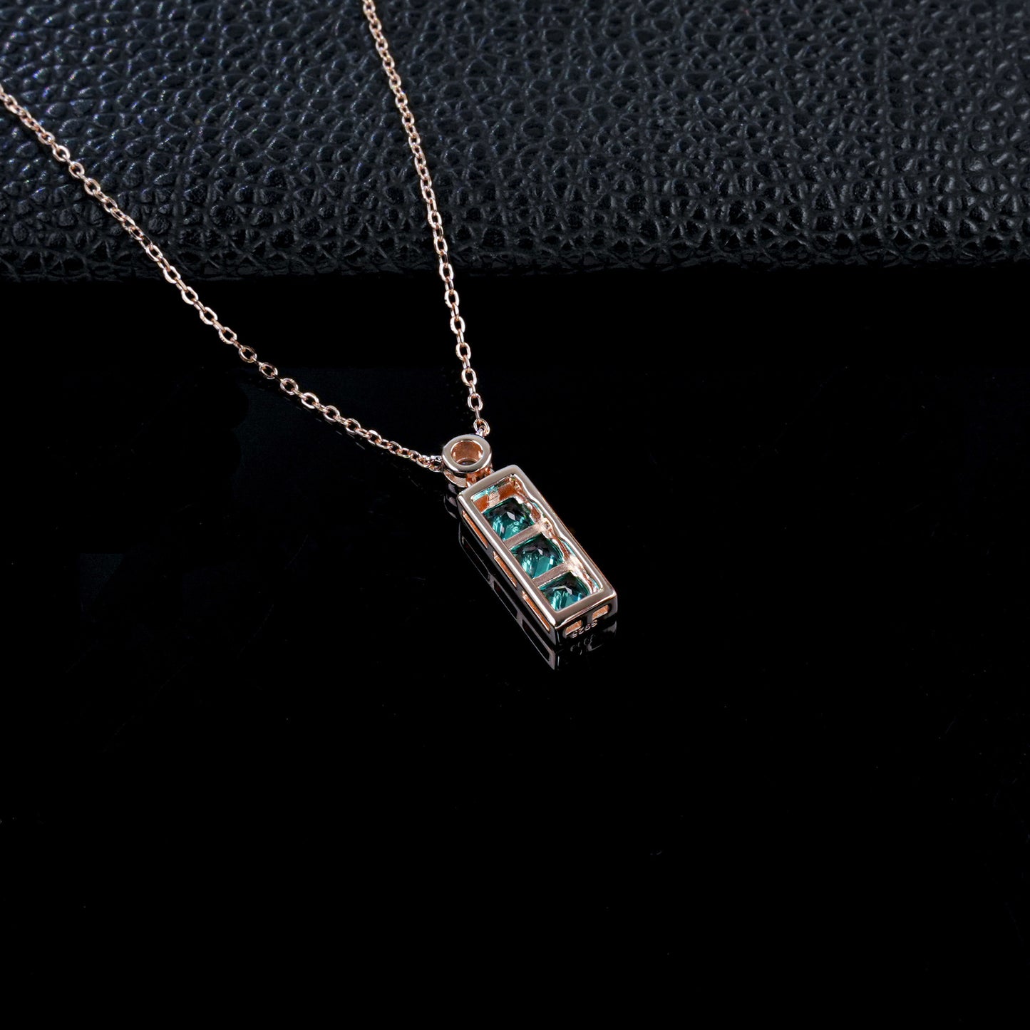 S925 Silver Rose Gold Step-Cut Lab Paraiba Tsavorite Pendant, Single Diamond Accent - Photo 4