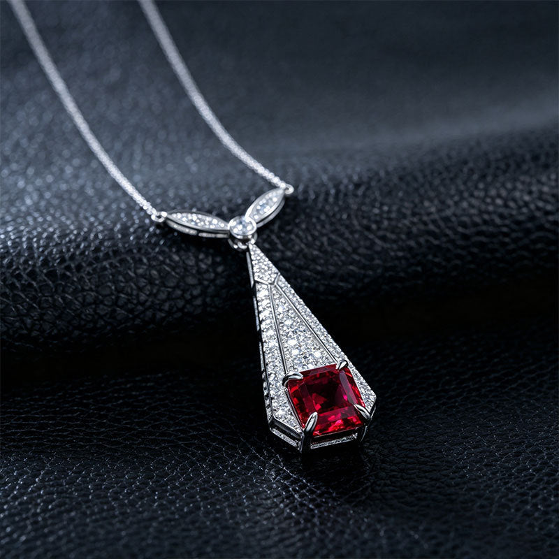 S925 Silver Vintage Square Lab Ruby Necklace, Full Diamond Geometric - Photo 3