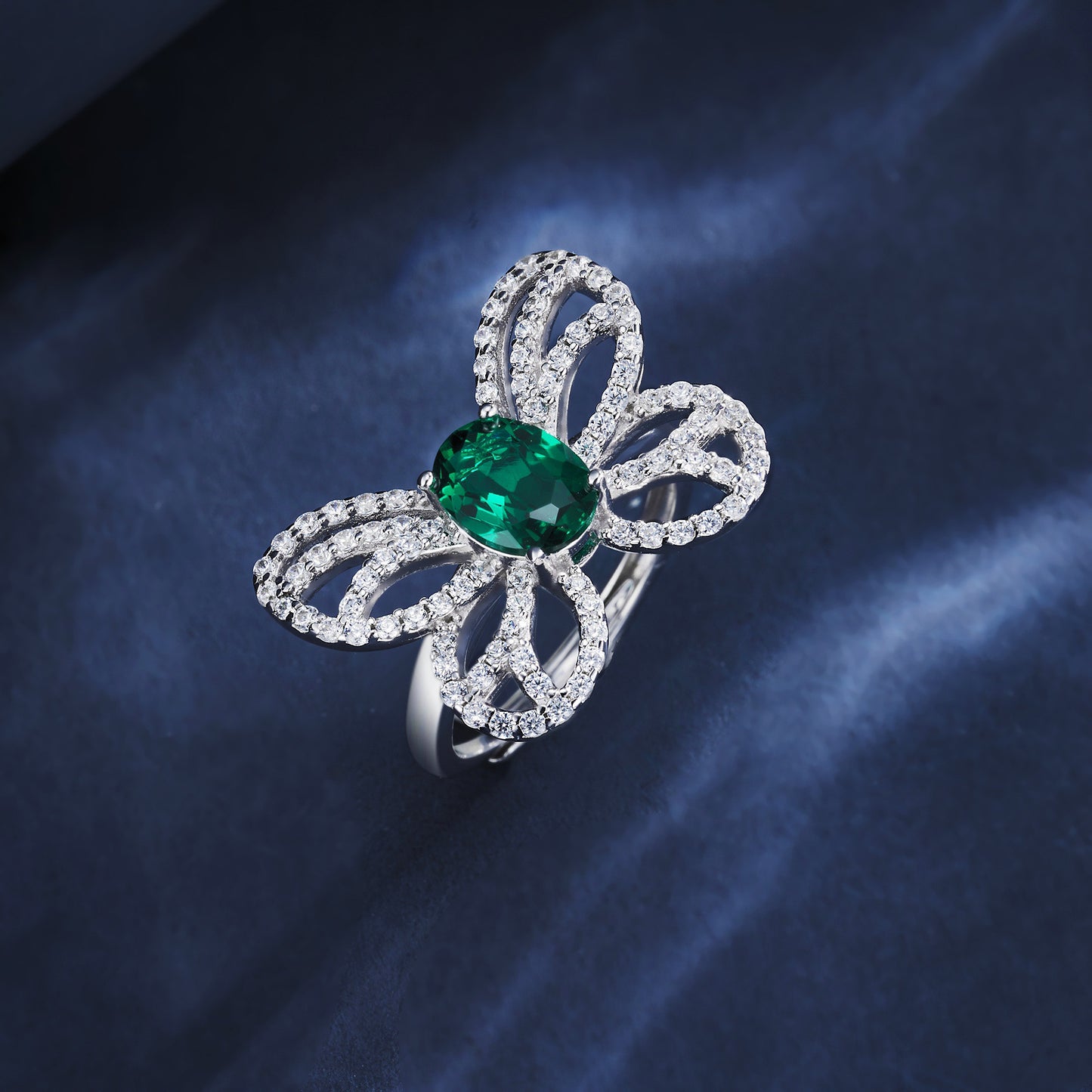 S925 Sterling Silver Lab Emerald Hollow Butterfly Open Ring, Premium - Photo 4