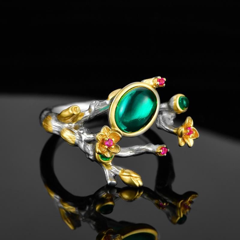 S925 Sterling Silver Lab Emerald Ring Adjustable, Style Design Artistic - Photo 4