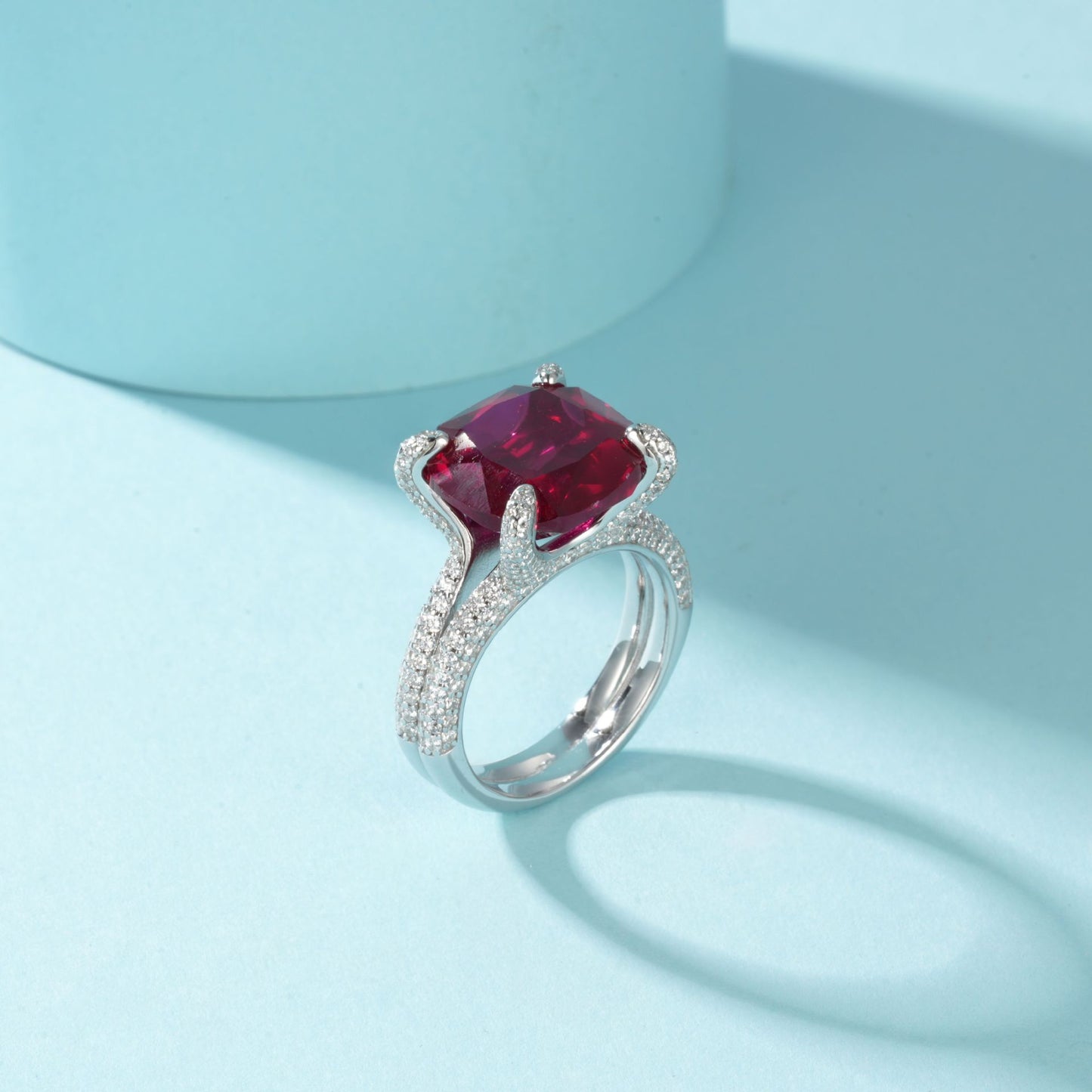 Lab Ruby Ring S925 Sterling Silver Full Diamond Cushion Centre, Engagement Gift - Photo 3