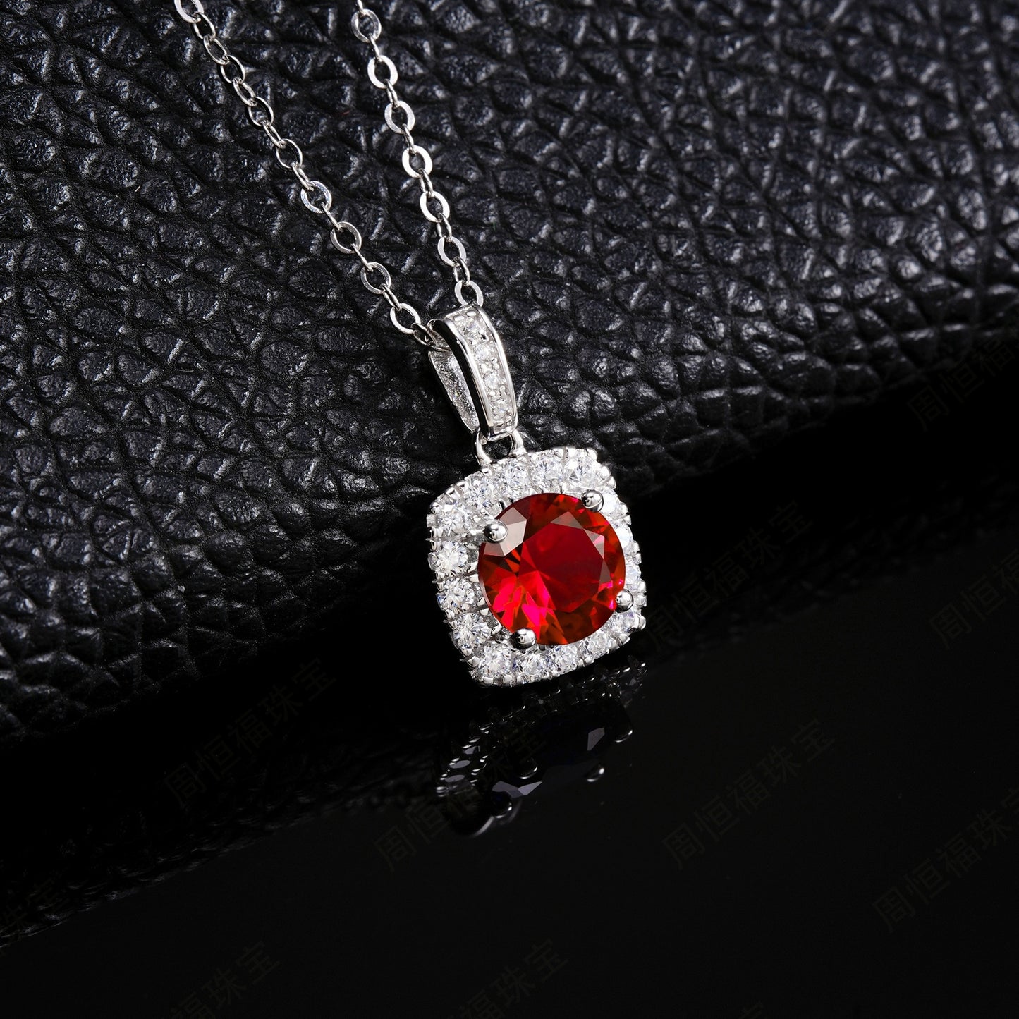 S925 Sterling Silver Lab Ruby Cushion Halo Micro-Pave Necklace, Minimalist for Women - Photo 4