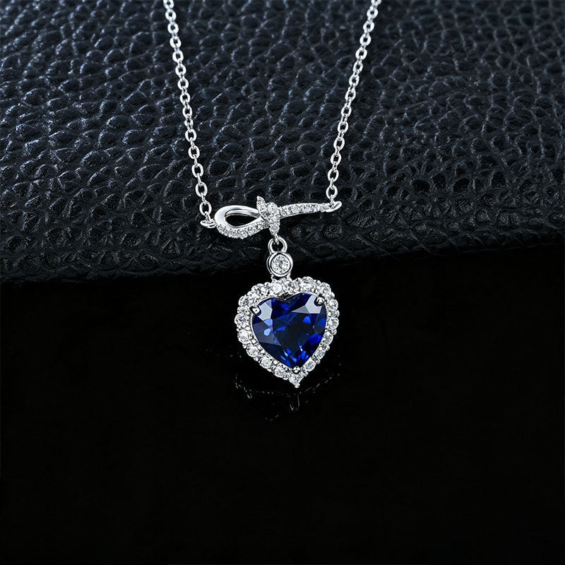 S925 Silver Heart Lab Sapphire Necklace, Full Diamond Halo - Photo 4