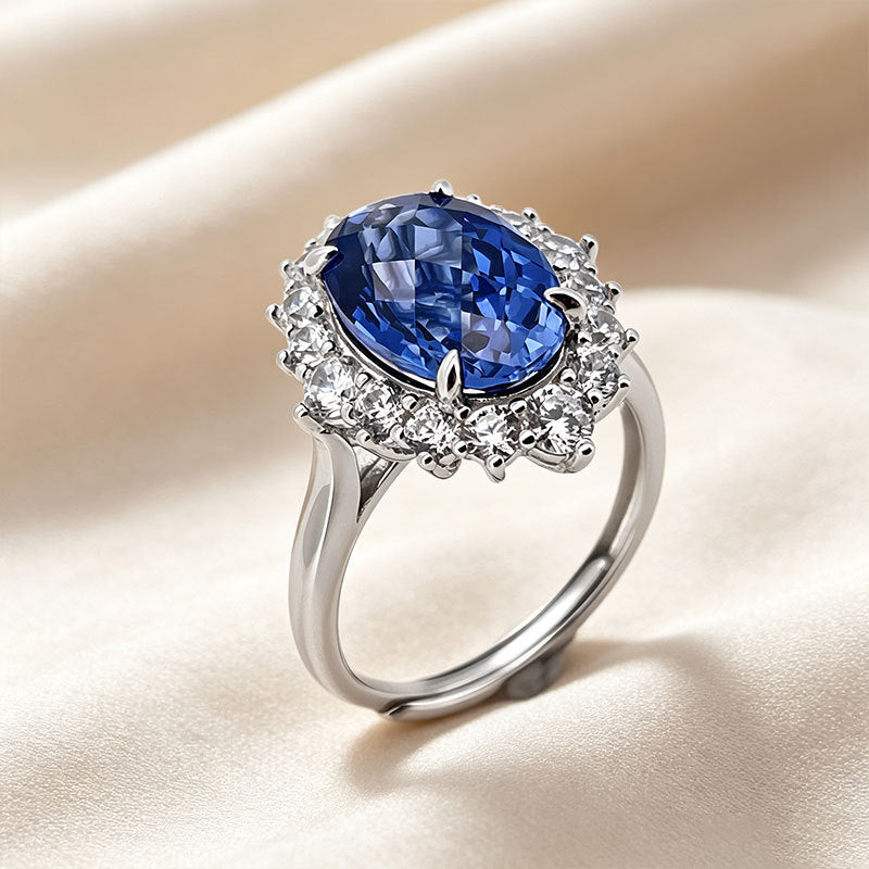 S925 Silver Oval Lab Sapphire Ring, Halo Diamond Engagement - Photo 4