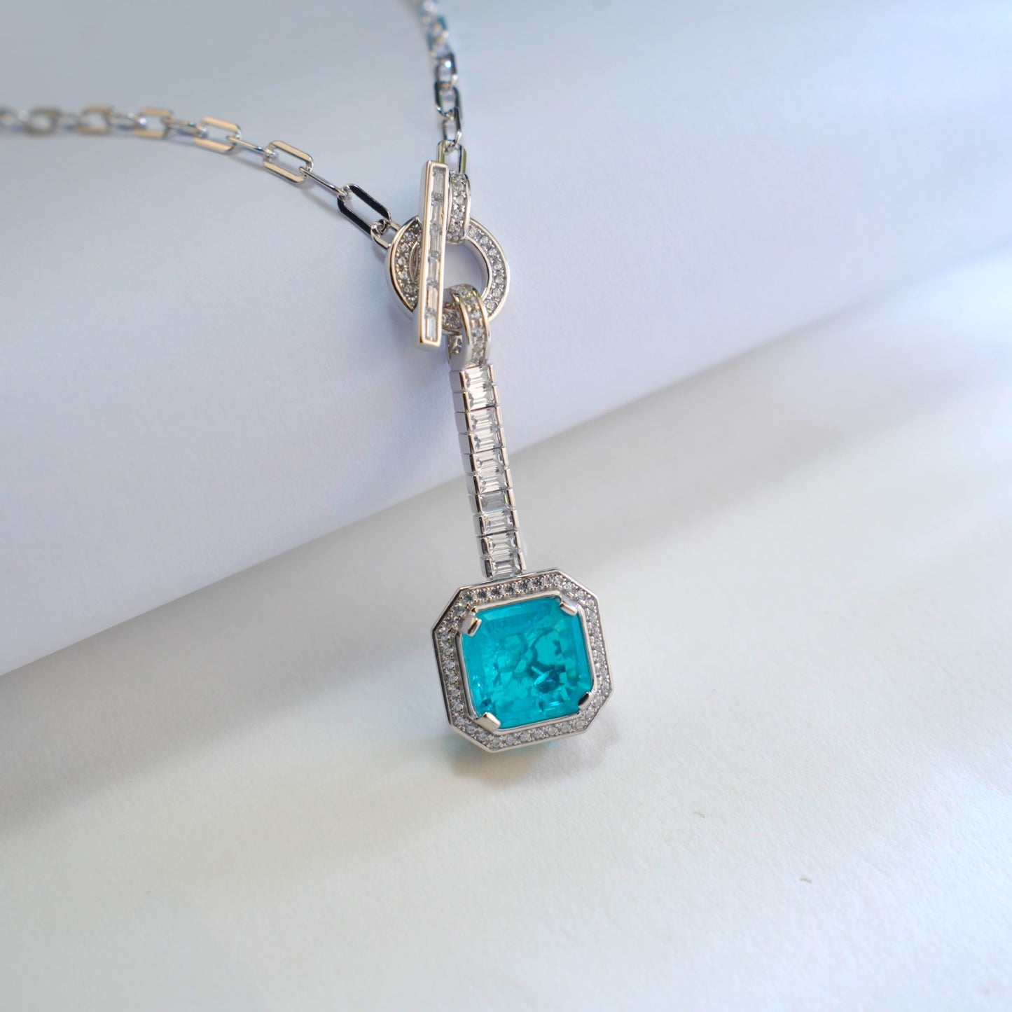 S925 Sterling Silver Paraiba Square Gemstone Pave Halo Pendant Necklace, Premium Versatile for Women - Photo 3