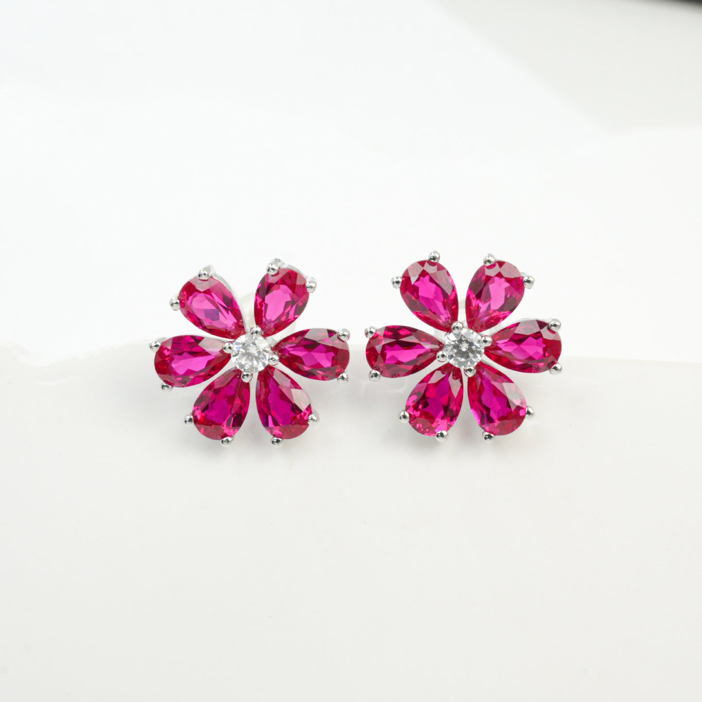 S925 Sterling Silver Lab Gemstone Flower Earrings, Premium Versatile - Photo 5