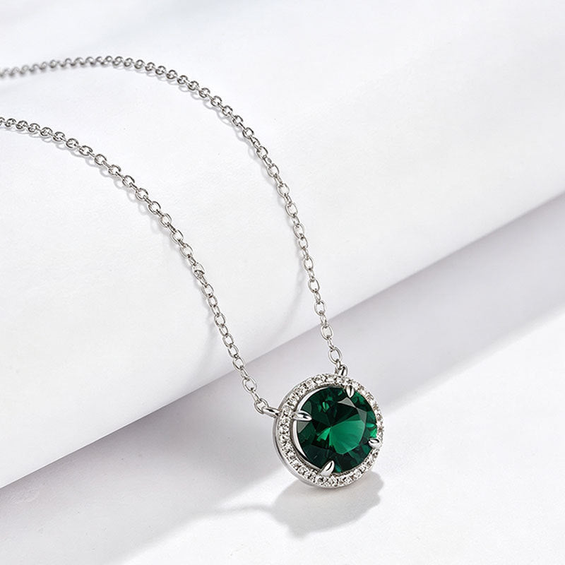 S925 Silver Round Diamond Halo Lab Emerald Pendant Necklace, Premium Holiday Gift - Photo 4