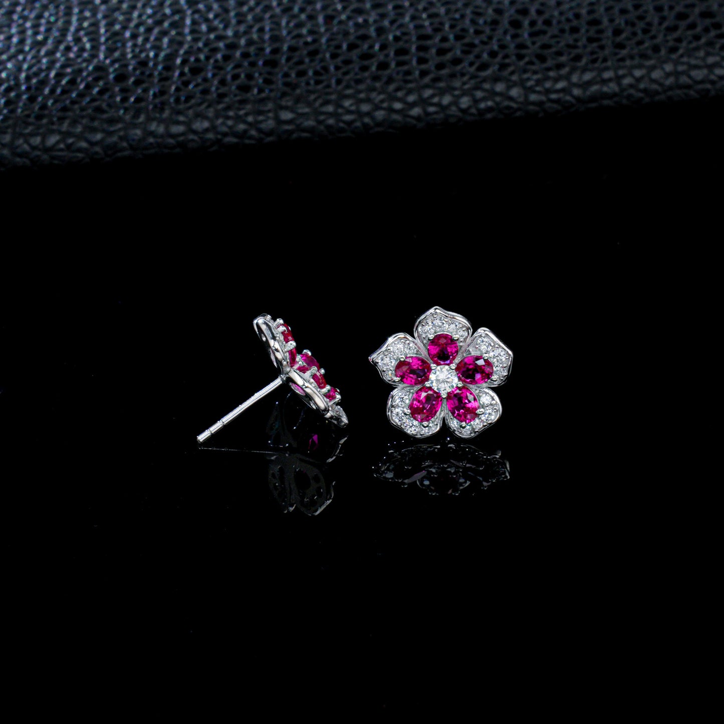 S925 Silver Lab Ruby Flower Stud Earrings, Luxurious Full Diamond - Photo 4