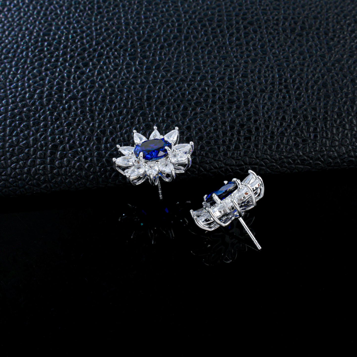Lab Sapphire S925 Silver Stud Earrings, Vintage Premium Princess - Photo 4