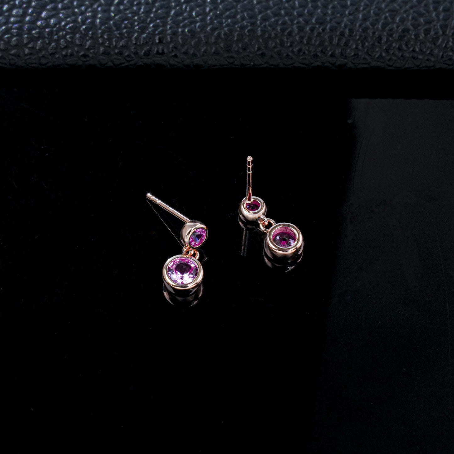 S925 Silver Double Round Bezel Pink Sapphire Stud Earrings, Rose Gold - Photo 4