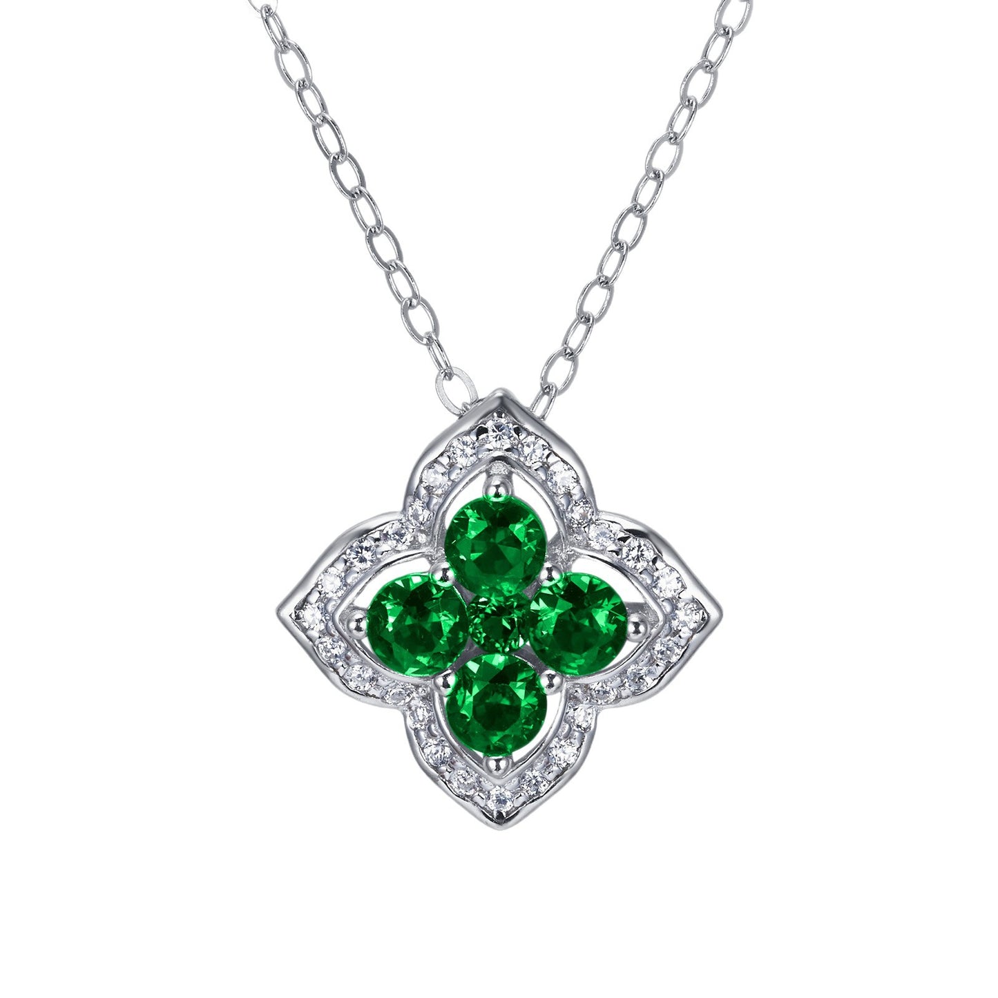 S925 Sterling Silver Lab Emerald Four-Leaf Clover Halo Pendant Necklace, Premium for Women - Photo 5
