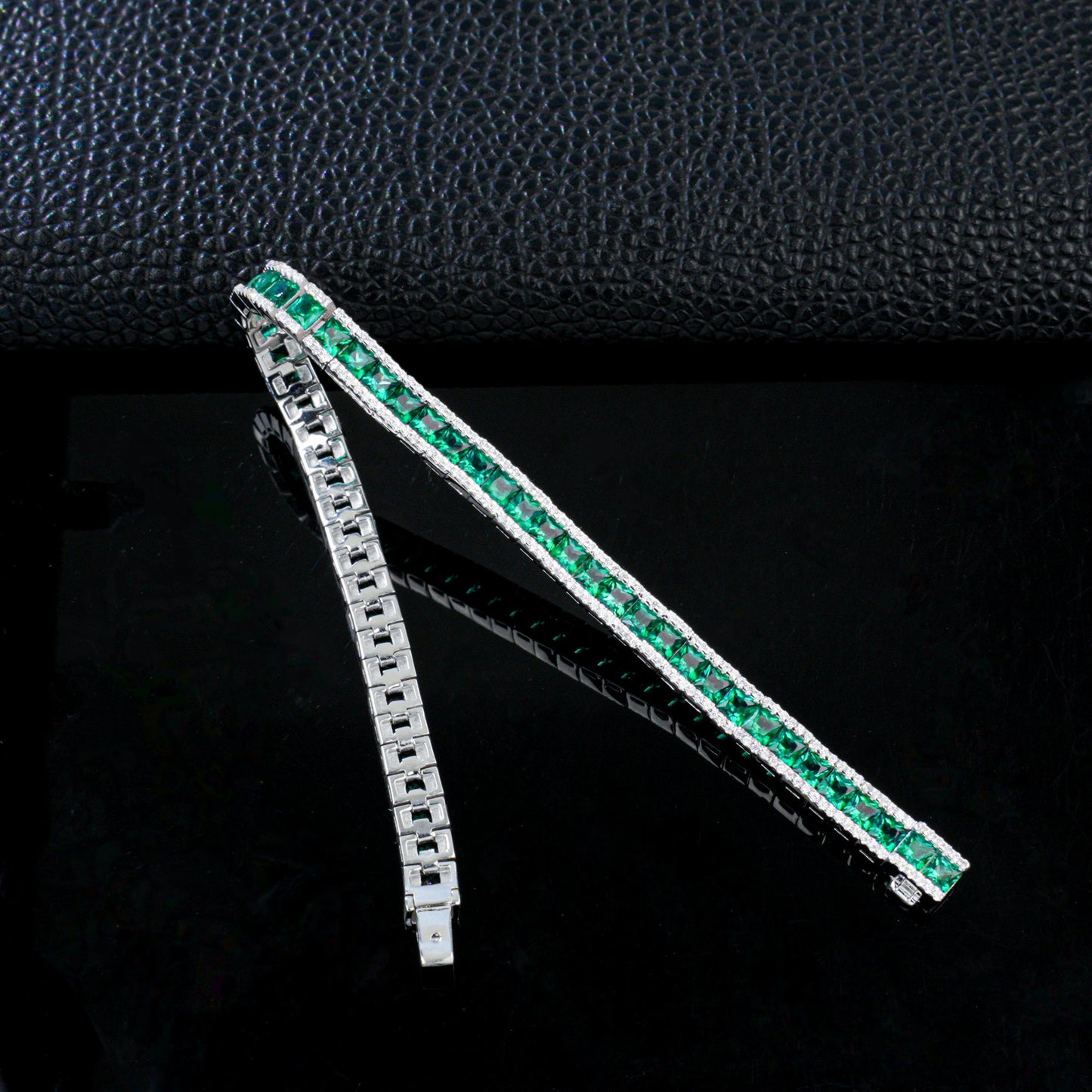 S925 Silver Step-Cut Lab Emerald Double-Side Dense-Set Bracelet, Jewellery - Photo 4