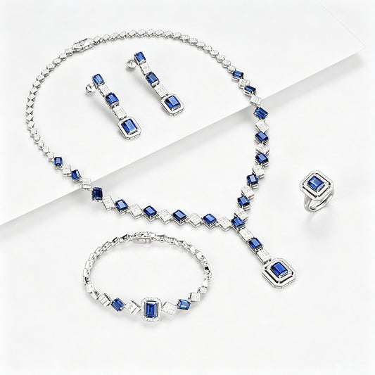 925 Sterling Silver Lab Sapphire 4-Piece Jewellery Set, Vintage Luxurious Wedding for Women - Photo 5