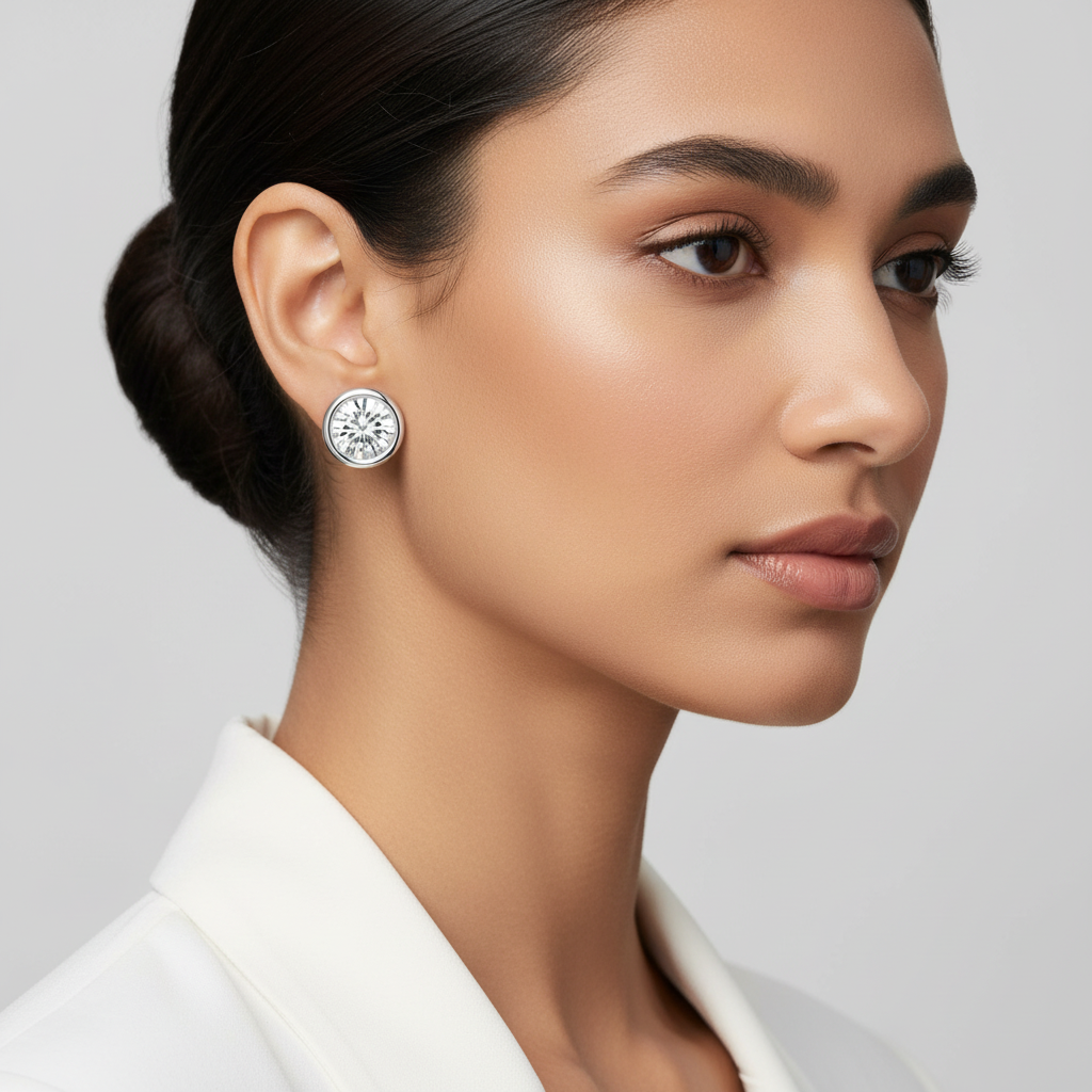 1 Carat Lab Diamond Bezel Set Stud Earrings — Square Wear Shot