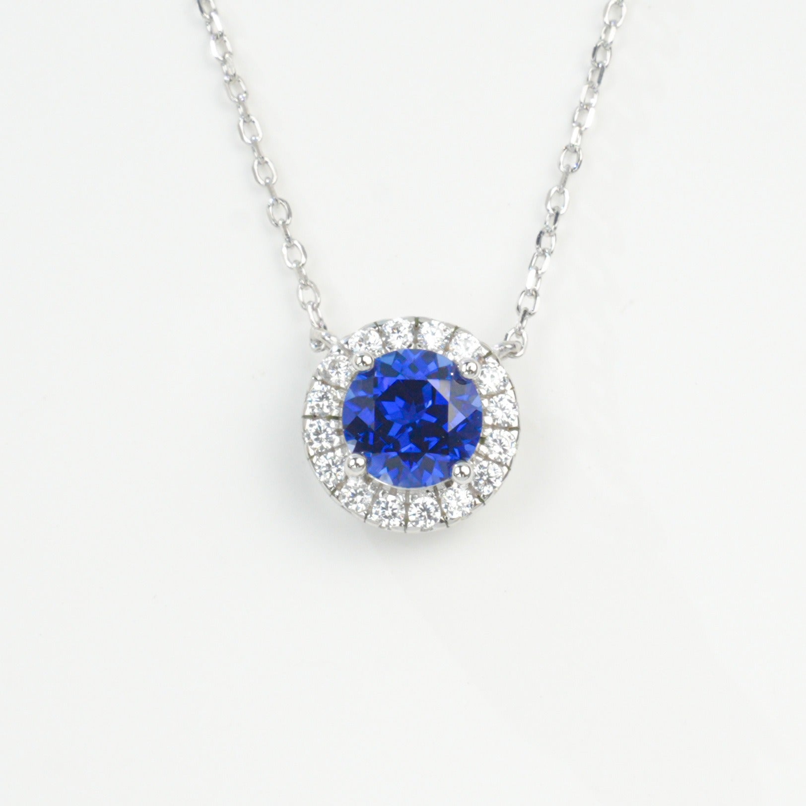 925 Sterling Silver Lab Sapphire Round Halo Pave Necklace, for Women - Photo 2