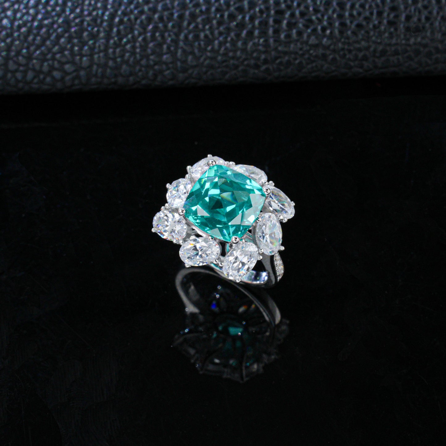 S925 Silver Square Lab Paraiba Tsavorite Pear Diamond Halo Ring, Evening - Photo 3