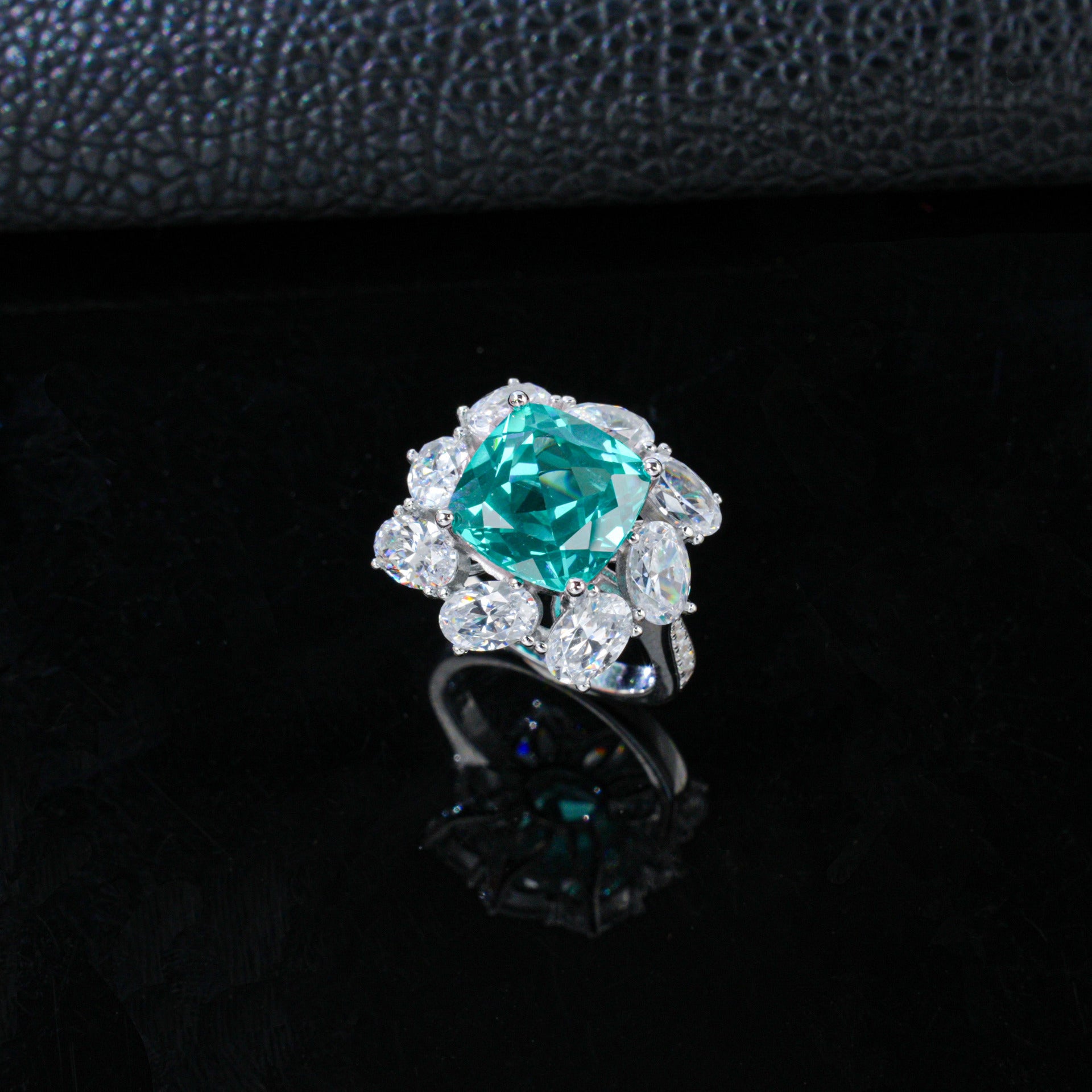 S925 Silver Square Lab Paraiba Tsavorite Pear Diamond Halo Ring, Evening - Photo 3