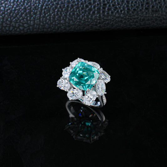 S925 Silver Square Lab Paraiba Tsavorite Pear Diamond Halo Ring, Evening - Photo 3