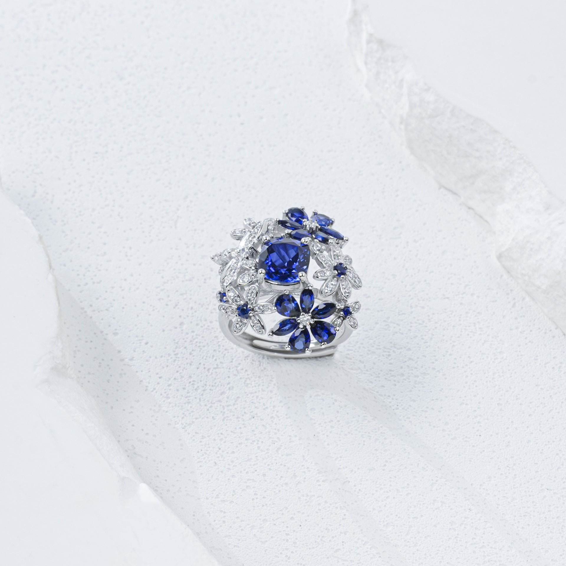 S925 Sterling Silver Lab Sapphire Ring 4-Claw Double-Side Full Diamond, Anniversary Versatile Elegant - Photo 4