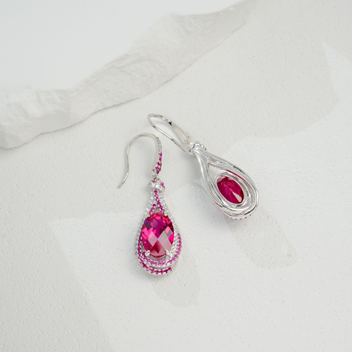 S925 Silver Ruby Colour Teardrop Hollow Drop Earrings, Vintage Premium Gift - Photo 2