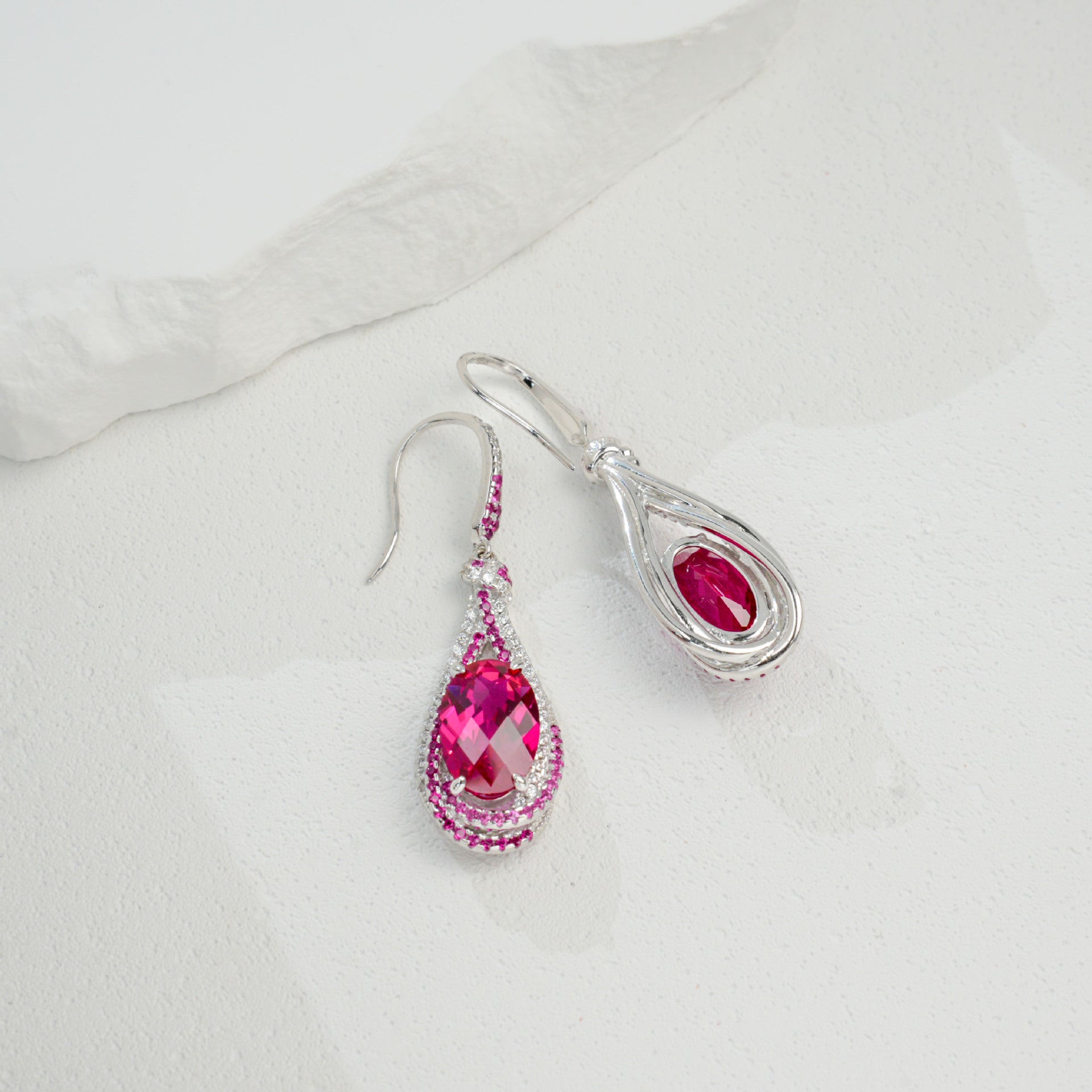 S925 Silver Ruby Colour Teardrop Hollow Drop Earrings, Vintage Premium Gift - Photo 2