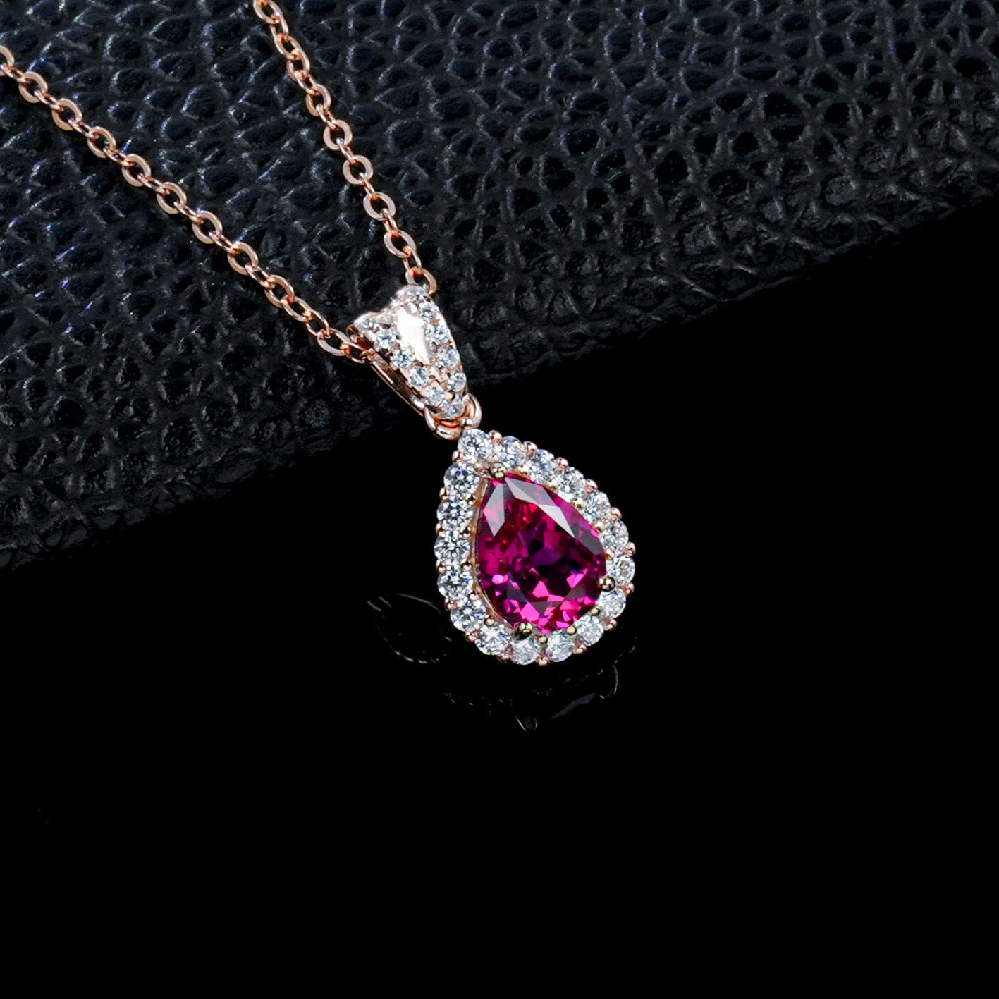 S925 Silver Teardrop Lab Ruby Necklace, Diamond Halo Birthday - Photo 2
