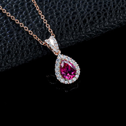 S925 Silver Teardrop Lab Ruby Necklace, Diamond Halo Birthday - Photo 2