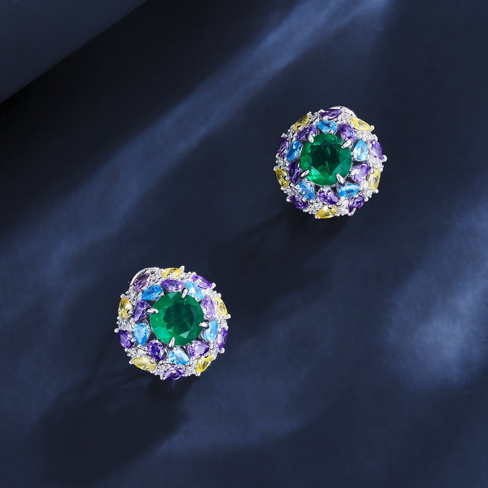 S925 Sterling Silver Lab Emerald Stud Earrings, Vintage Flower Diamond - Photo 2