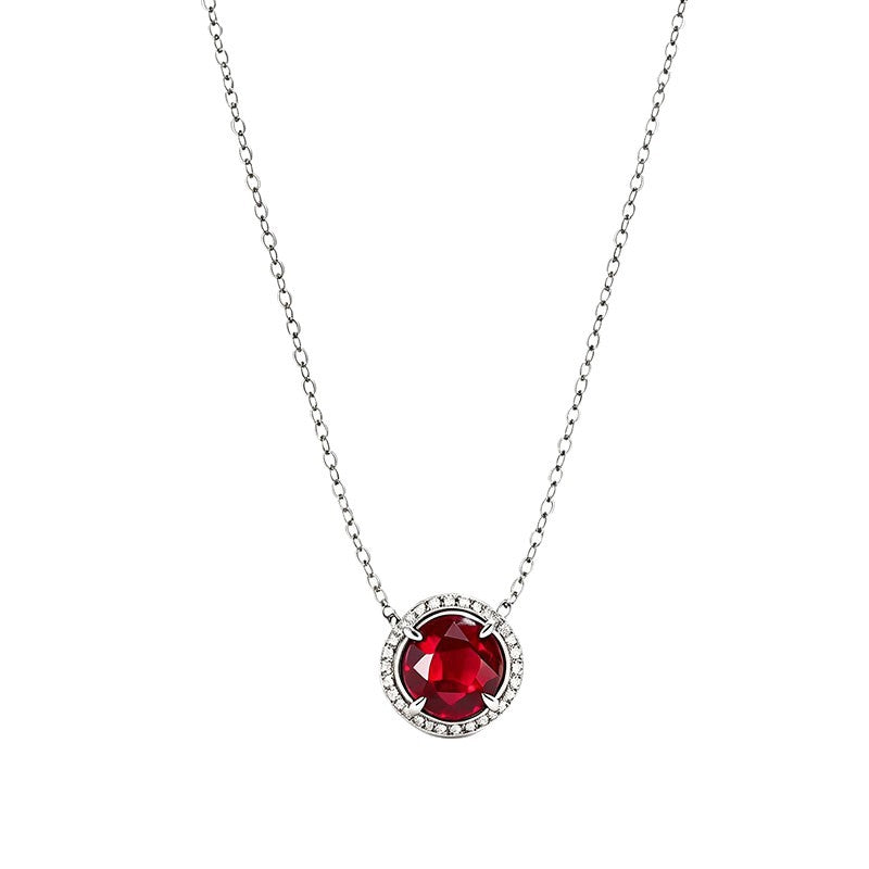 S925 Silver Round Lab Ruby Full Diamond Single-Halo Pendant Necklace, Premium - Photo 5