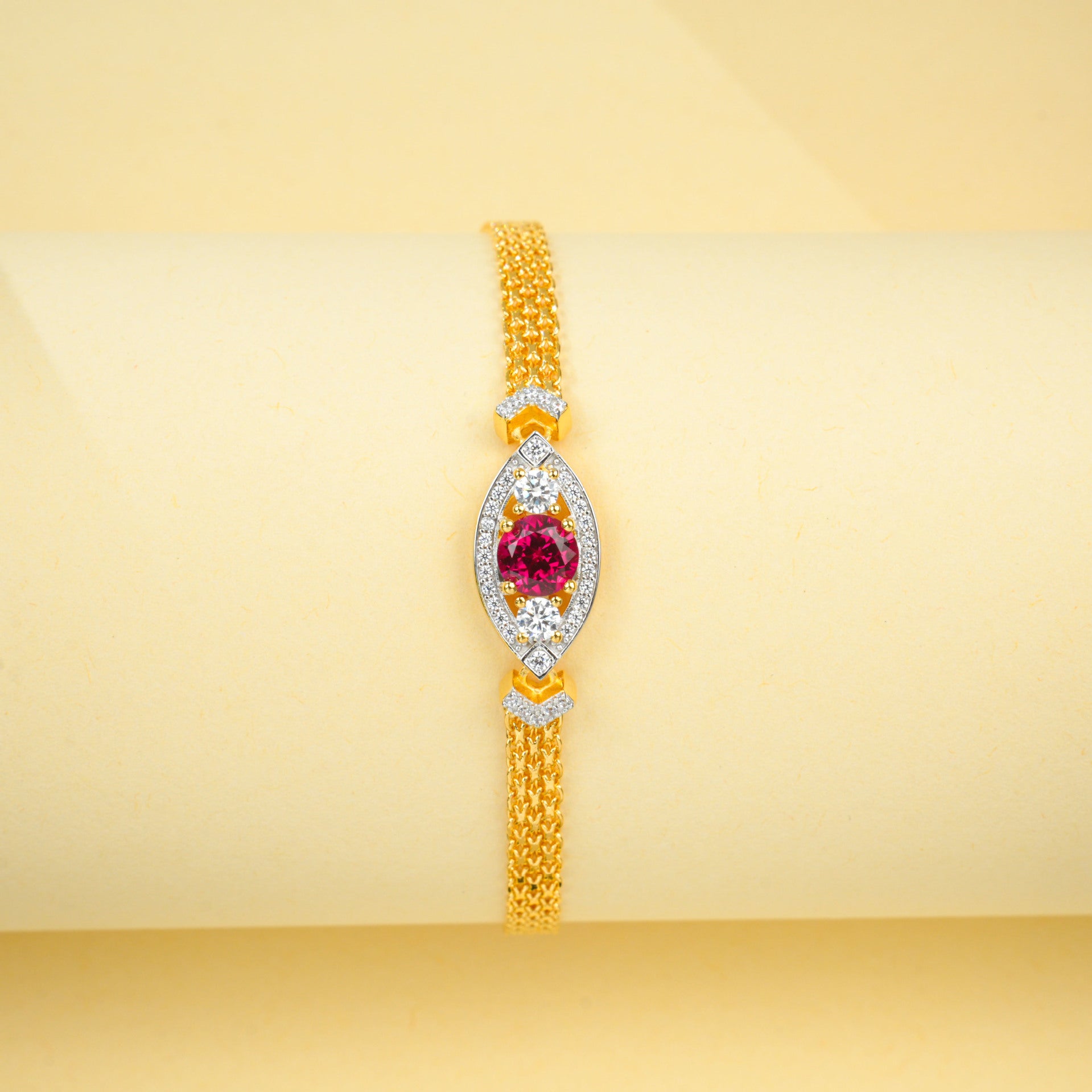 925 Sterling Silver Yellow-Gold Lab Ruby Woven Chain Bracelet, Vintage Versatile - Photo 3