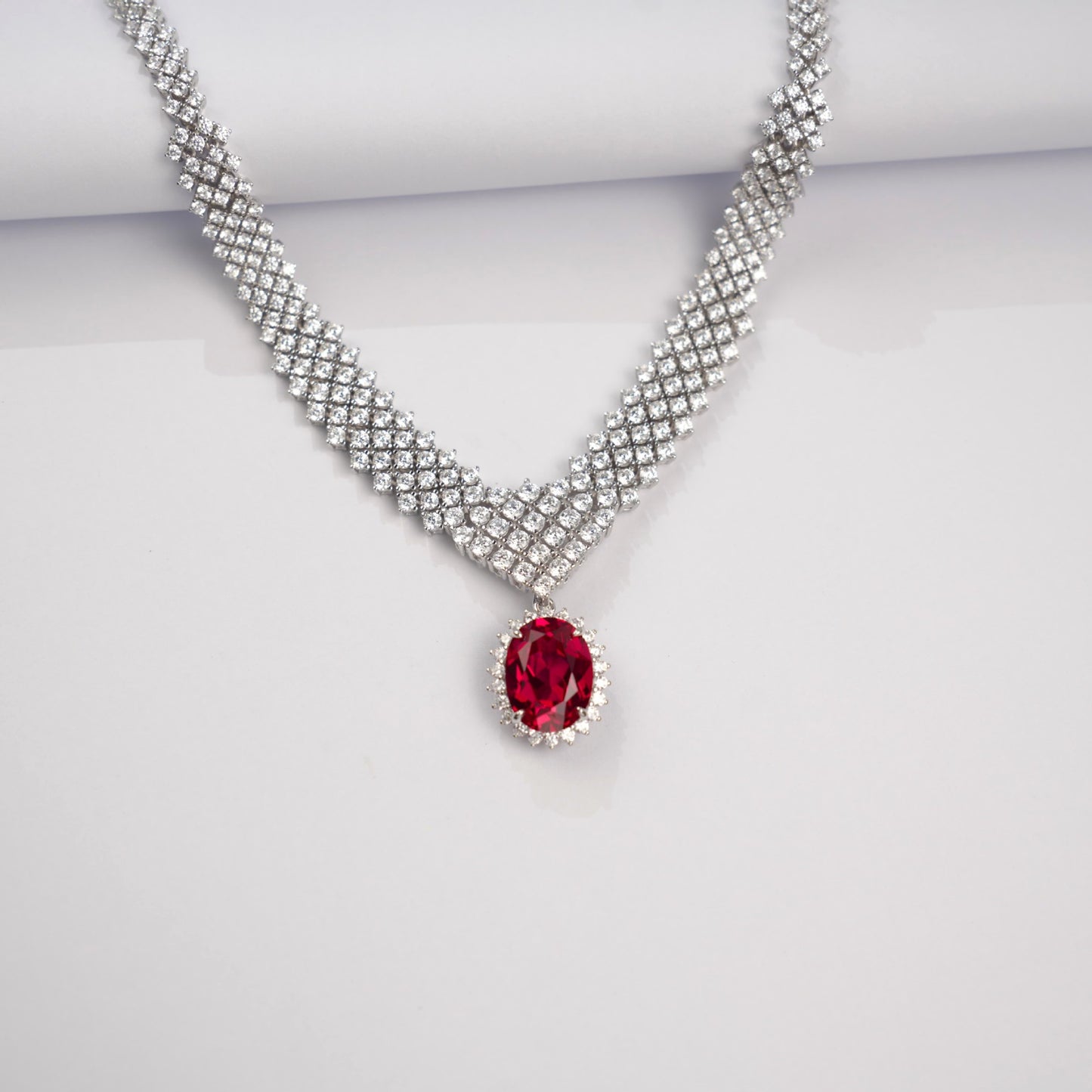 925 Sterling Silver Oval Lab Ruby V-Shape Necklace for Women, Heavy-Craft Versatile - Photo 2