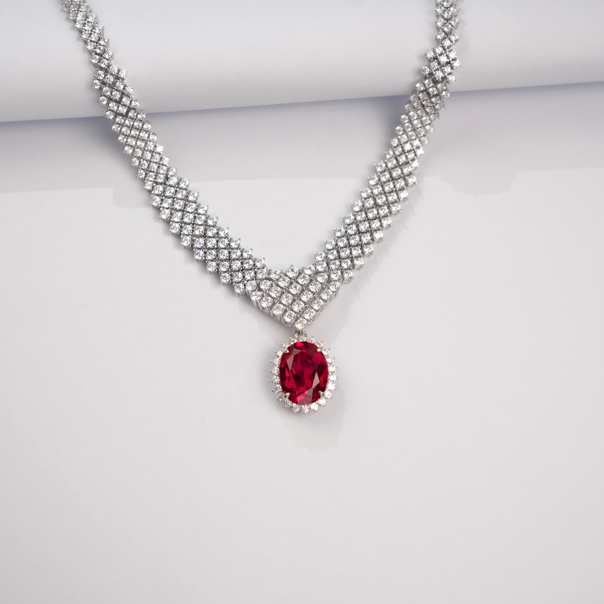 925 Sterling Silver Oval Lab Ruby V-Shape Necklace for Women, Heavy-Craft Versatile - Photo 2