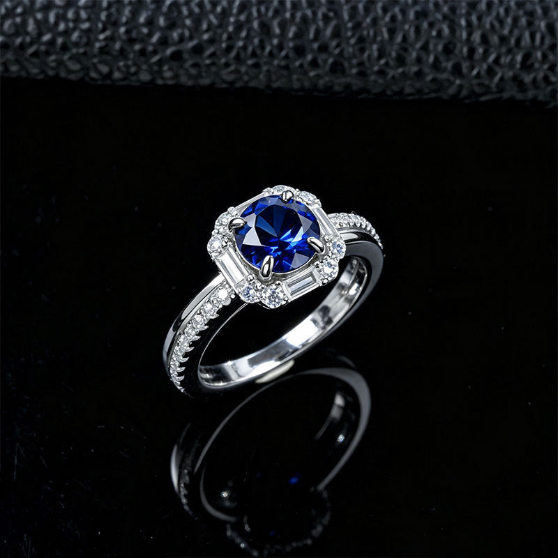 S925 Silver Lab Sapphire Ring Octagonal Step Halo Double-Side Full Diamond, Women's Engagement - Photo 2