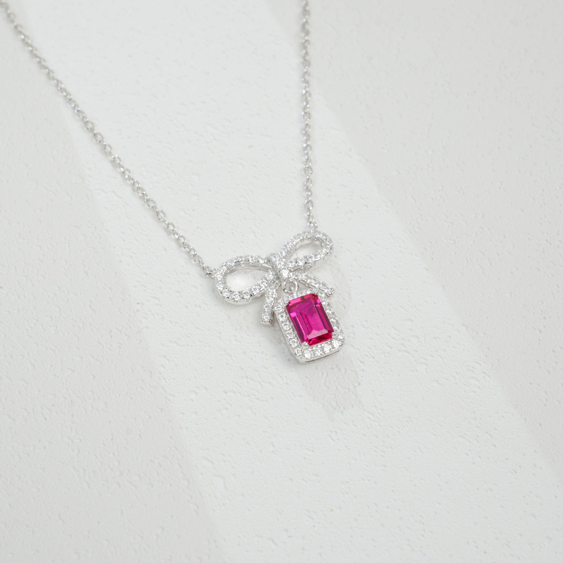 925 Sterling Silver Lab Ruby Bowknot Necklace, Vintage for Women - Photo 3