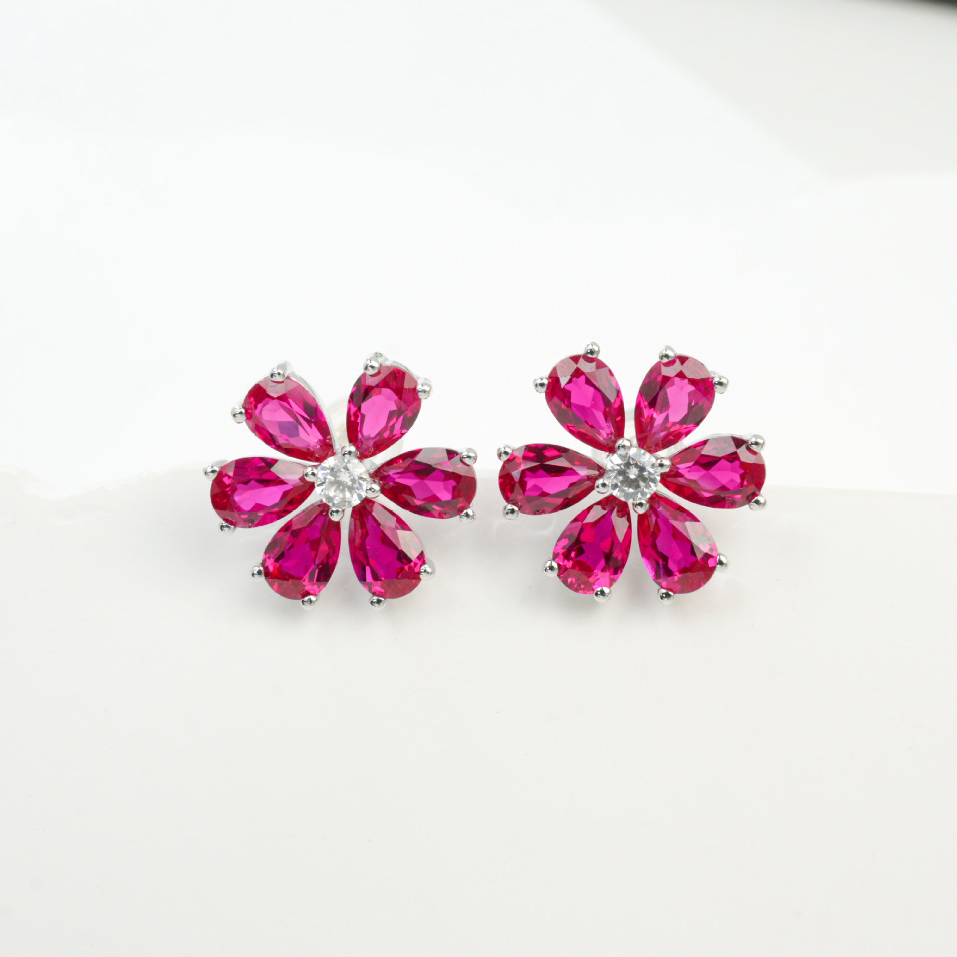 S925 Sterling Silver Lab Gemstone Flower Earrings, Premium Versatile - Photo 6