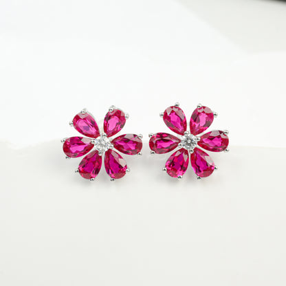 S925 Sterling Silver Lab Gemstone Flower Earrings, Premium Versatile - Photo 6