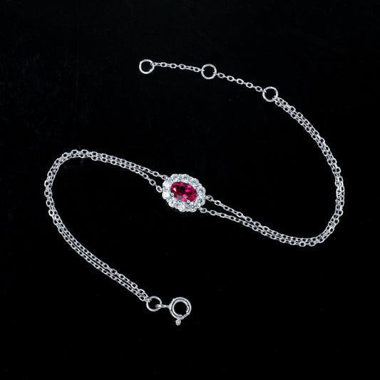 S925 Silver O-Link Slim Chain Oval Lab Ruby Single-Halo Bracelet, Premium - Photo 3